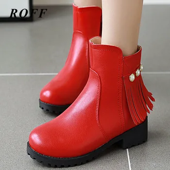 

2019 New Black Red Pink Winter Ankle Boots Women Fashion Block Med Heel Shoes Woman Plus Big Size 10 Solid Pu Zipper Boot Fringe