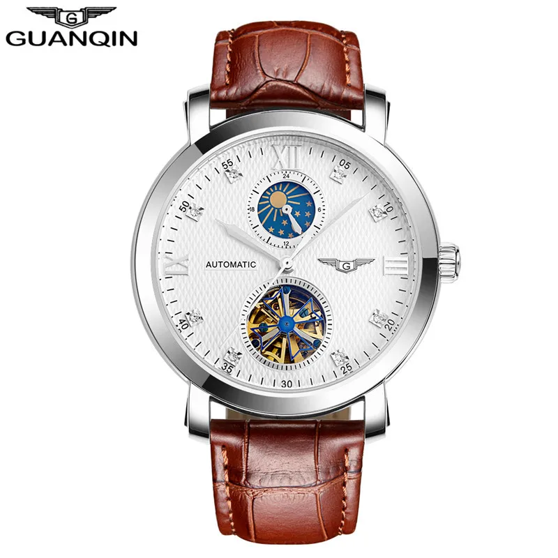 GUANQIN GJ16019 automatic Tourbillon механические мужские часы с большим циферблатом водонепроницаемые часы из натуральной кожи со стразами - Цвет: Белый