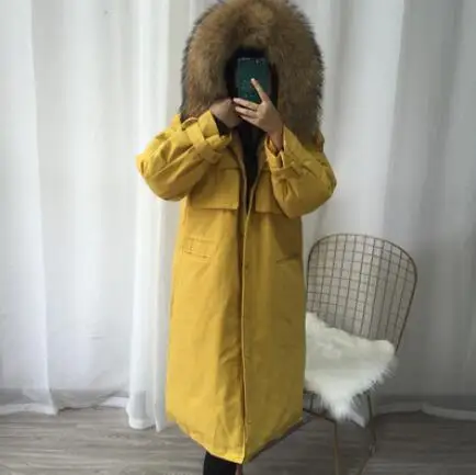 yellow -brown fur 30 градусов Женское зимнее пальто большой натуральный мех енота воротник толстый теплый пуховик с капюшоном длинный белый пуховик - Цвет: yellow -brown fur