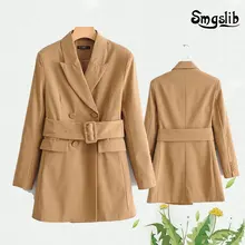 Khaki Women Elegant Long Blazers 2019 Spring-Autumn Ladies Chic Notched Collar Suits Jackets with Belt Chic Girls Blazer Tops