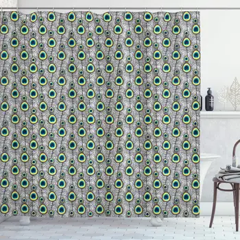 

Peacock Decor Collection, Peacock Tail Feathers Pattern Vintage Traditional Artwork Zoo Wings Summer, Polyester Fabric Bathroom