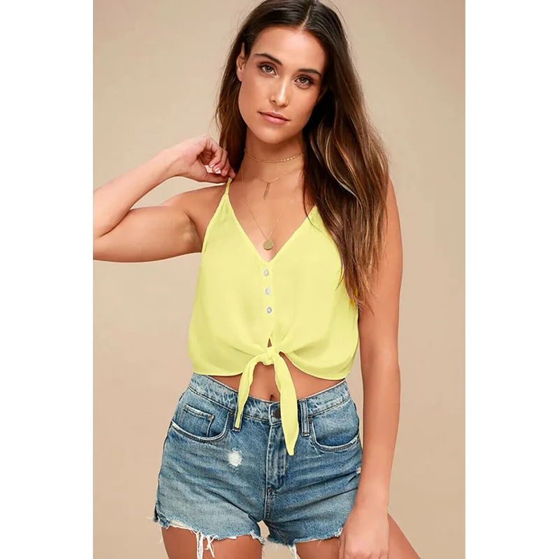 Light Yellow Женские новые европейские и американские модные трендовые топики с v-образным вырезом и пуговицами на бретелях, шифоновые топы для женщин, одноцветные - Цвет: Light Yellow