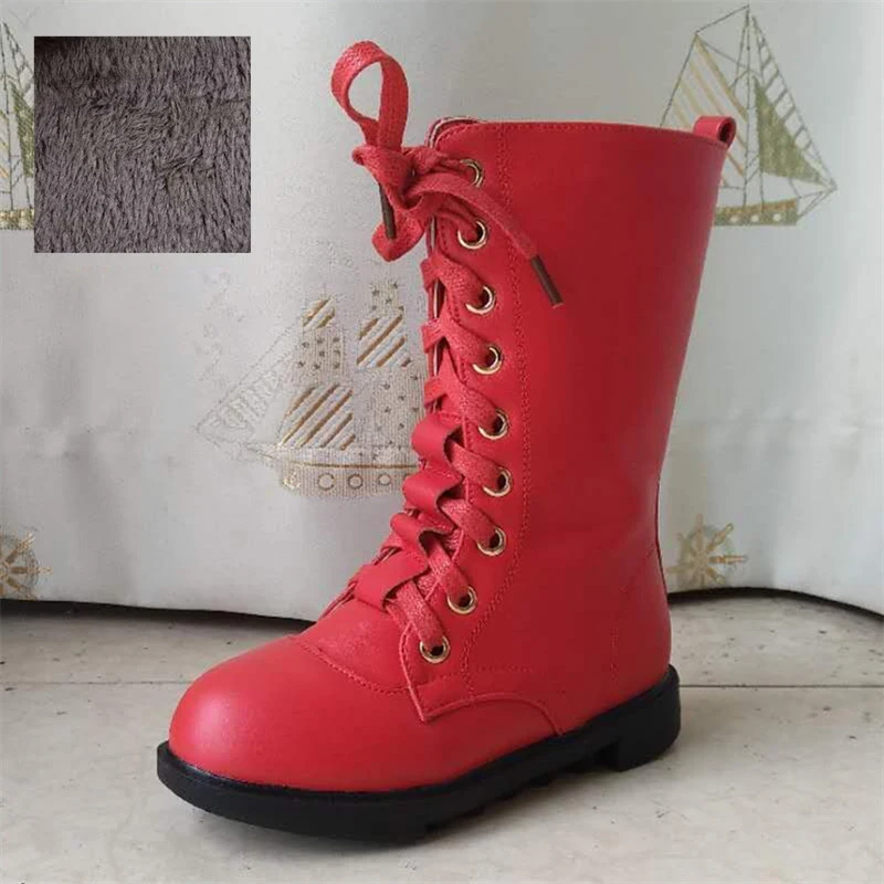 Детские зимние плюшевые высокие сапоги; кожаные зимние сапоги для девочек; цвет черный, белый, красный; Дизайнерские Сапоги принцессы для девочек-подростков; Размеры 26-39 - Цвет: Red cotton boots