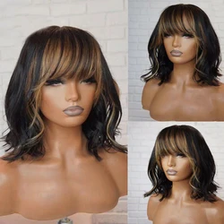 Remy Hair Bangs Wig Human Hair for Black Women Highlights Color 8-14Inch Wavy Bob Wig with Bangs Short Wigs Human Hair 150%