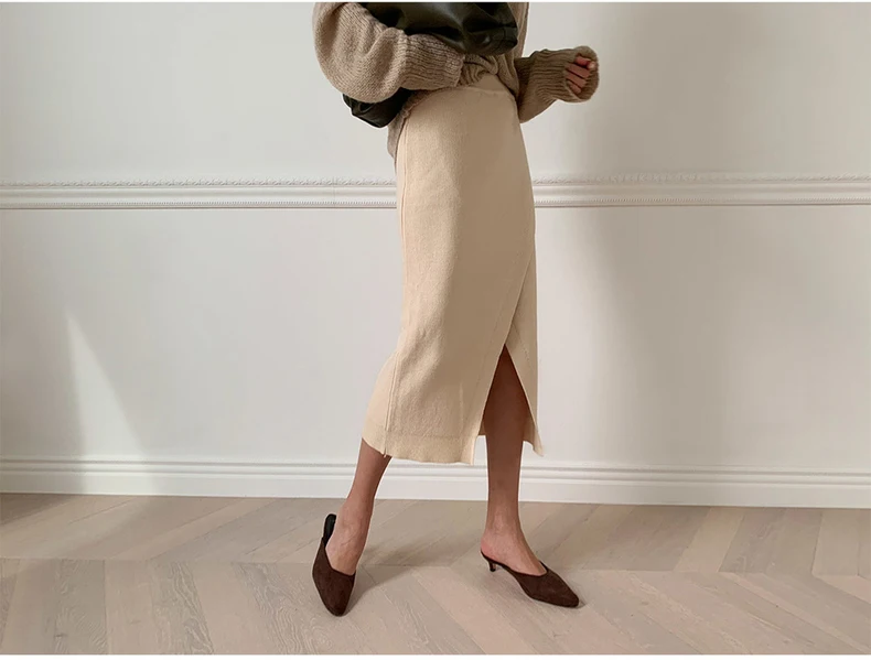 Autumn Winter Knitted Pencil Skirts Womens Korean Style High Waist Skirt Fashion Slim Warm Casual Split Female Midi Skirt Faldas