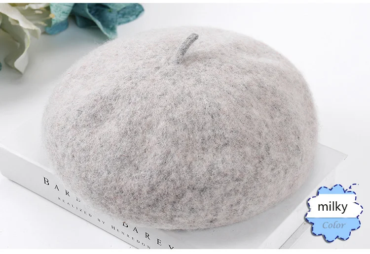 Milky Женская шапка, берет, женский шерстяной теплый берет, шапка весна/осень/зима, одноцветные винтажные береты, шапка в стиле художника, элегантная женская шапка - Цвет: Milky