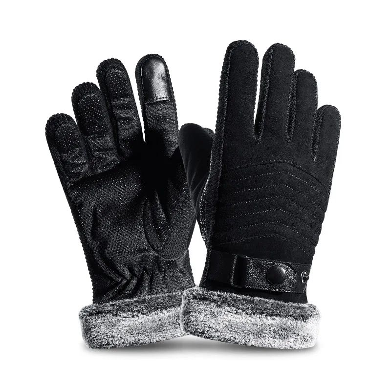 Мужские кожаные утепленные перчатки плюс бархатные зимние для верховой езды холодные теплые походные лыжные перчатки нескользящие перчатки с сенсорным экраном - Цвет: Черный