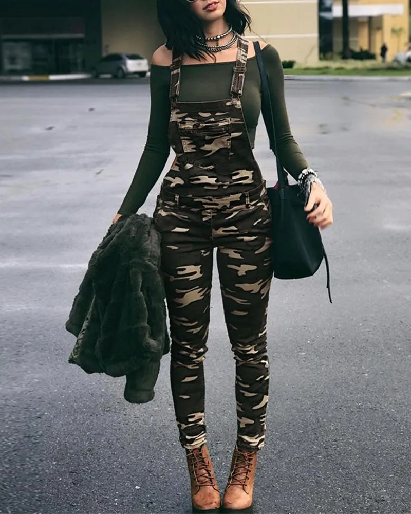 Stylish Camouflage Pocket Front Overalls Women Casual One Piece Jumpsuits