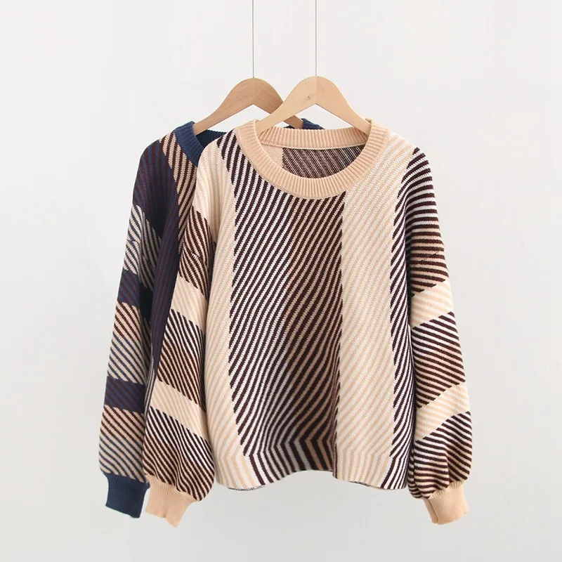 

Sweater Winter Warm Knitted Loose Pullover Fashion Color Block Sweater Lantern Sleeve Striped Sweater 2020 Women