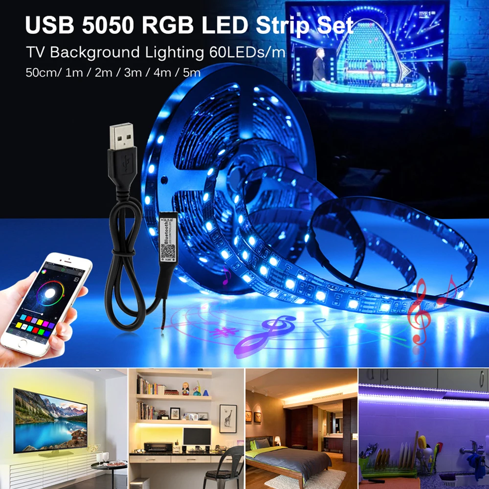 Светодиодная лента USB 5050 RGB Изменяемая светодиодная подсветка для ТВ 50 см 1 м 2 3 4 5