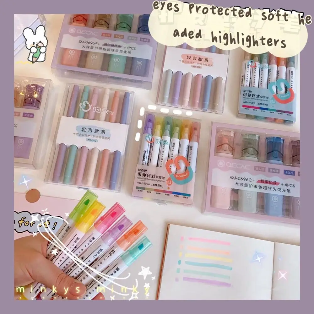 MINKYS 귀여운 소프트 헤드 하이라이터 펜, 눈 보호, DIY 그래피티 드로잉 마커, 형광 펜, 학교 문구, 6 개/로트하이라이터 AliExpress