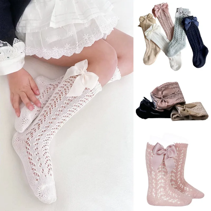 Calcetines con lazo para bebé de 0 a 5 años, calcetín largo hasta la rodilla, algodón suave, calado, malla, princesa