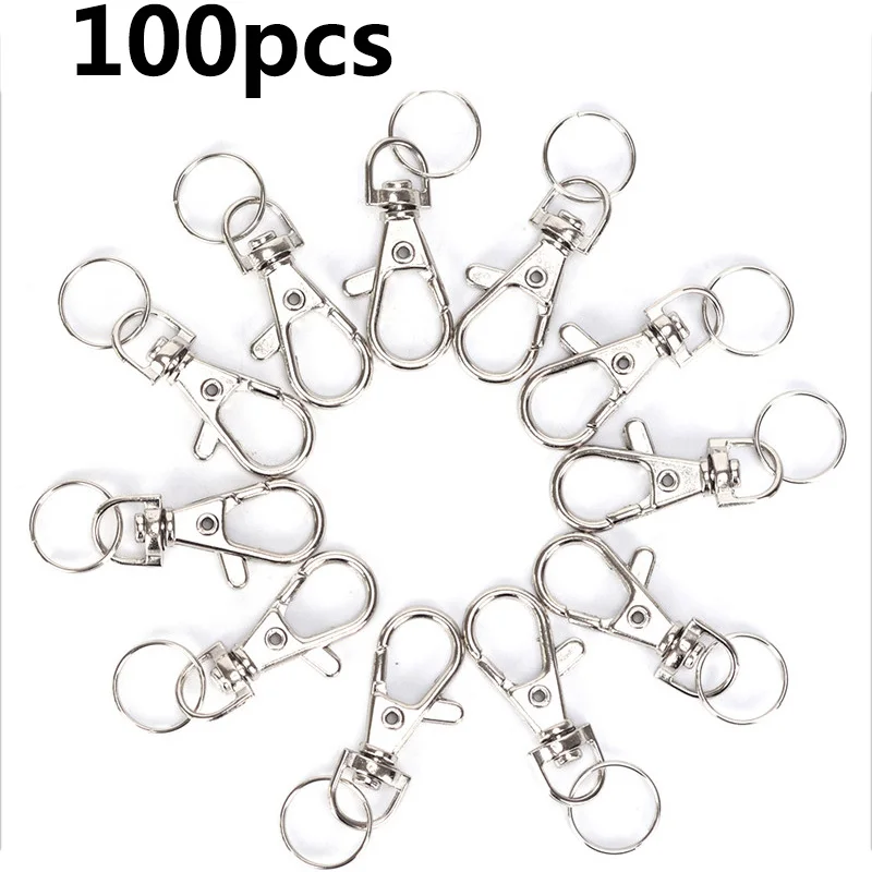 100pcs/lot Silver  Swivel Lobster Clasp Clips Key Hook Keychain Split Key Ring Findings Clasps For Keychains Making