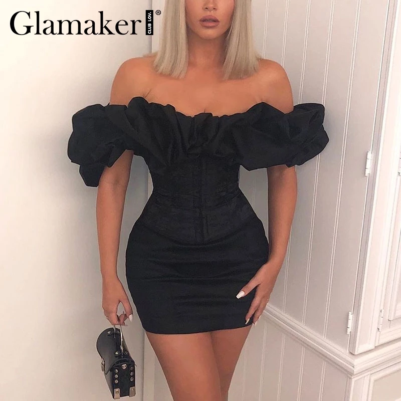 Glamaker сексуальное короткое платье с открытыми плечами оборками женское черное