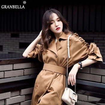 

Double Breasted Women's Trench Coat With Belt Star Same Design Back Split Windbreakers Ruffles Sleeve Vintage Long Overcoat