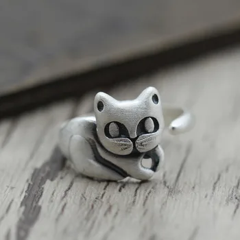 

S990 Sterling Silver Fashion Personality Cute Cat Matte Matte Open Ring Ring Thai Silver Retro Lady Ring