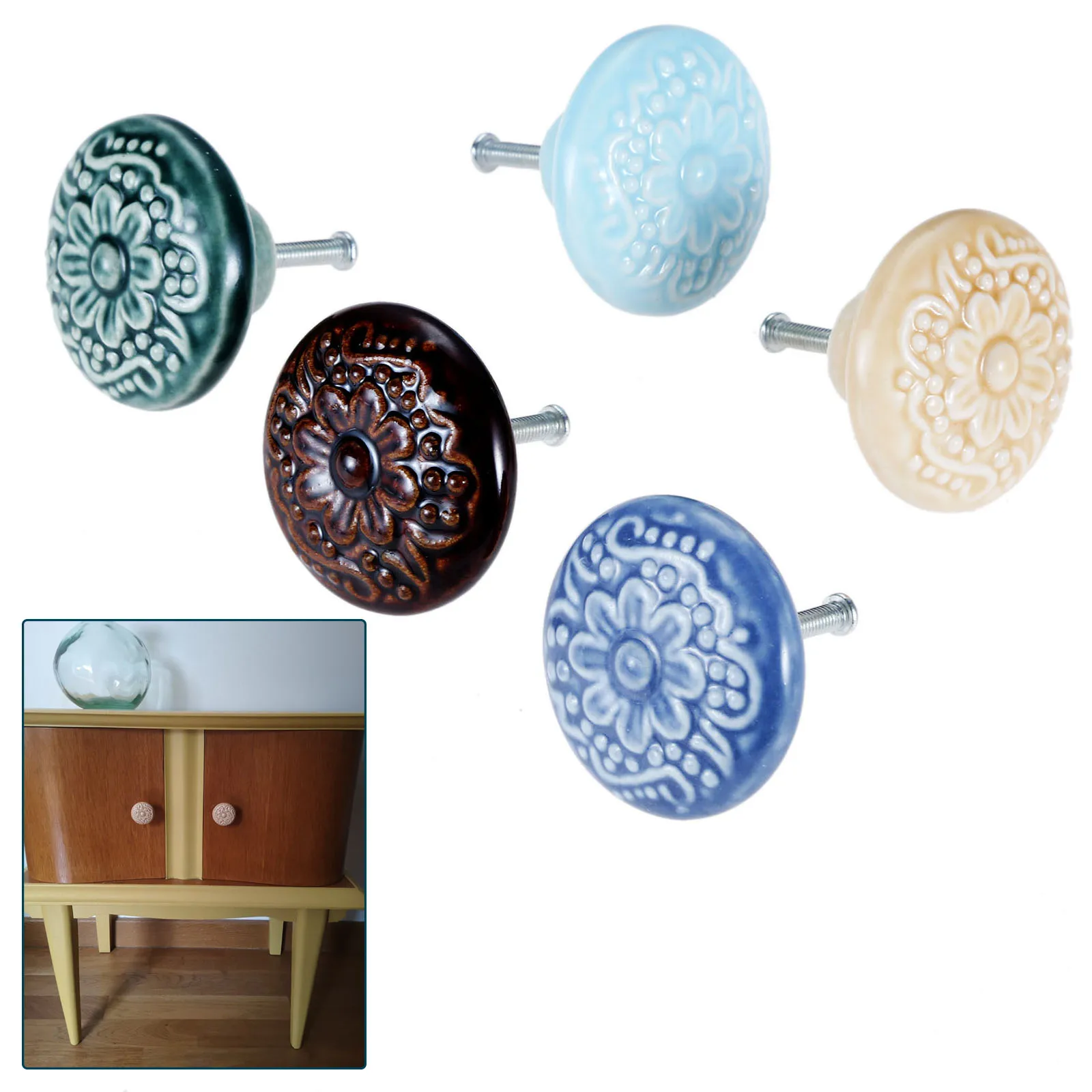 Furniture Knobs Painted Ceramic Ball Handle Cupboard Dresser Drawer Round Pull Decor Retro Kitchen Country Screw