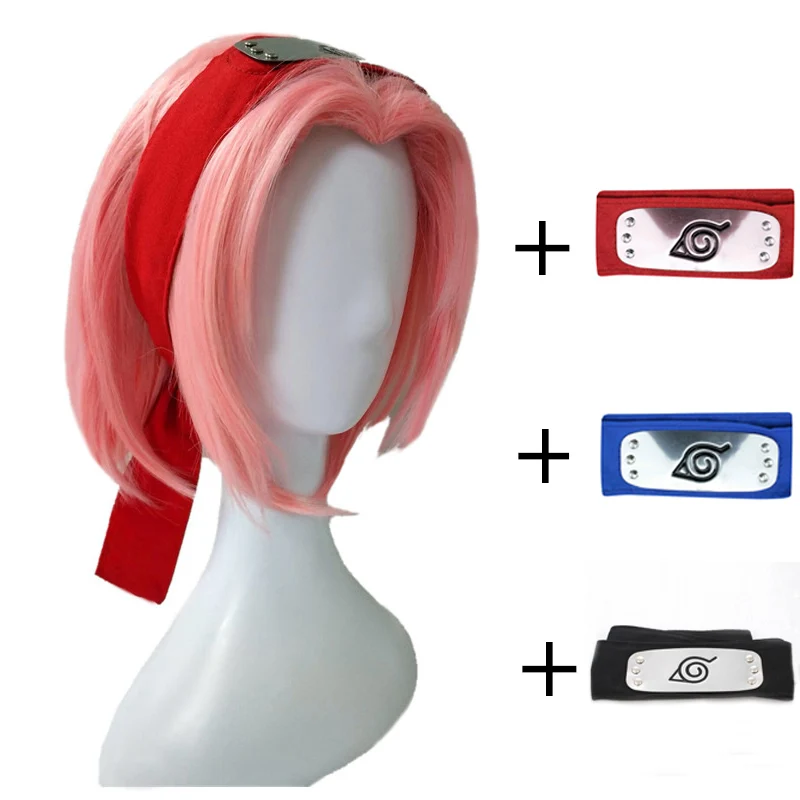 

Anime Naruto Haruno Sakura Cosplay Short Pink Straight Heat Resistant Synthetic Hair Wigs + Headband+Free Wig Cap