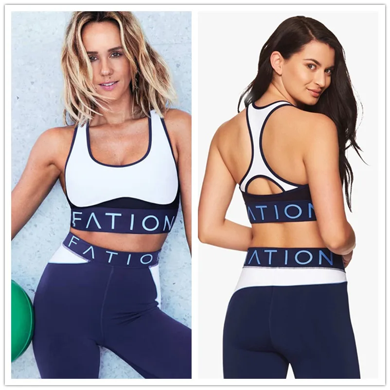 

Letter Patchwork Backless Yoga Set Contrast Color Gym Outfit Elastic Slim Women Workout Clothes Fitness Wear 2pcs/Sets 2019