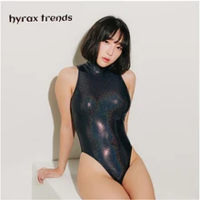 DROZENO сексуальные леотарды, атласные глянцевые боди с высоким вырезом, Цельный купальник для женщин, блестящие Блестящие купальники, женский купальник