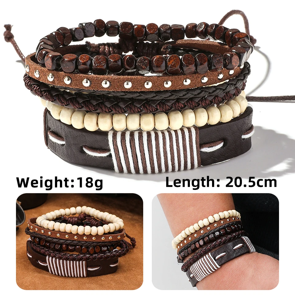 2020 Fashion Handmade Leather Gifts For Men's Bracelet Wooden Beads Father Chain Link Bracelets Bangles Adjustable Male Wristband Jewelry Accesories Wholesale Dropshipping (11)