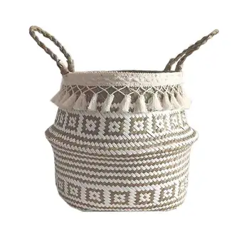 

Handwoven Storage Basket Double Layer Tassel Baskets Seagrass Flowerpot Folding Laundry Bucket Clothes Toy Storage Baskets