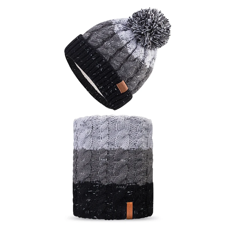 AONJIE M28 для взрослых и детей, детская Толстая зимняя шапка с флисовой подкладкой, вязаная шапка, шапка с манжетой и черепом, Круглый снуд для катания на лыжах - Цвет: Gray Hat and Scarf
