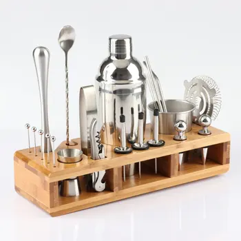 

23pcs Stainless Steel Cocktail Shaker Set Barware Kit with Square Wooden Rack for Bartender Drink Party Bar Tools
