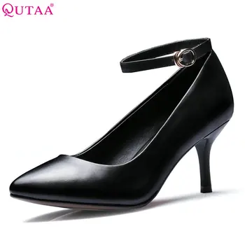 

QUTAA 2018 Women Fashion Work Pumps Thin High Heel Pointed Toe Sexy Women Shoes Cow Leather + Pu Women OL Pumps Szie 34-39