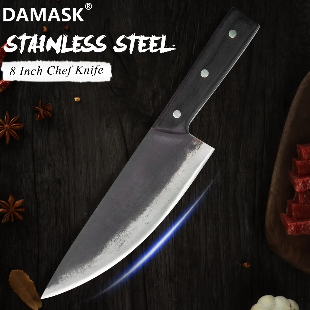 Дамаск ручной работы кованый 8 дюймов кухонный нож повара с полной ручкой Tang деревянная ручка высокоуглеродистой стальной нож шеф-повара прочный