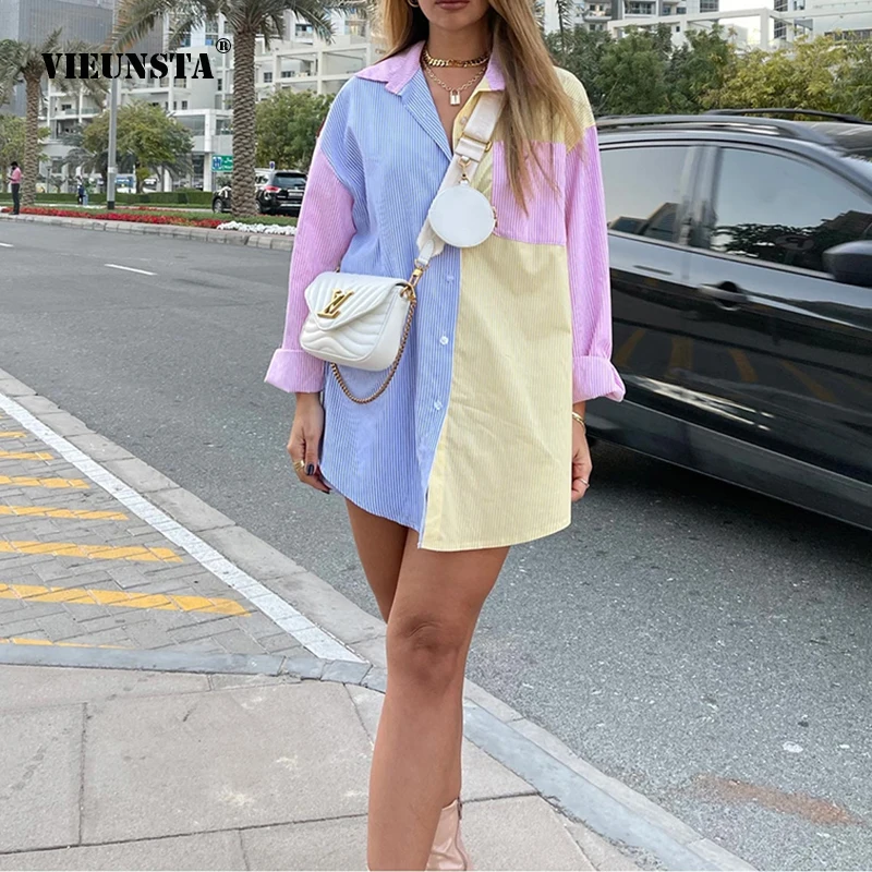 

Women's Autumn Tricolor Splicing Stripe Shirt Casual Long Sleeve Loose Single-Breasted Jacket British Style Seaside Vacation XL