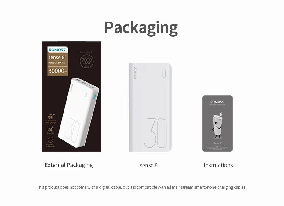30000 мАч ROMOSS Sense 8 power Bank портативный внешний аккумулятор с QC двусторонней быстрой зарядкой портативное зарядное устройство для телефона - Цвет: Белый