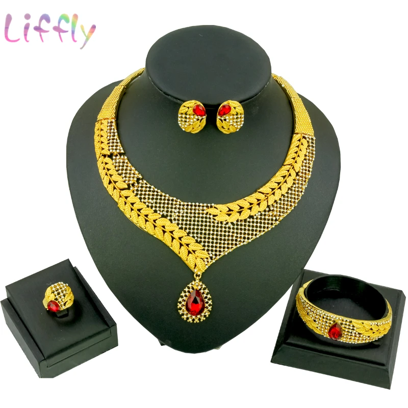 Dubai Gold Jewelry Sets for Women Wedding Party Fashion Crystal Necklace Earrings Ring Bracelet Red Classic | Украшения и