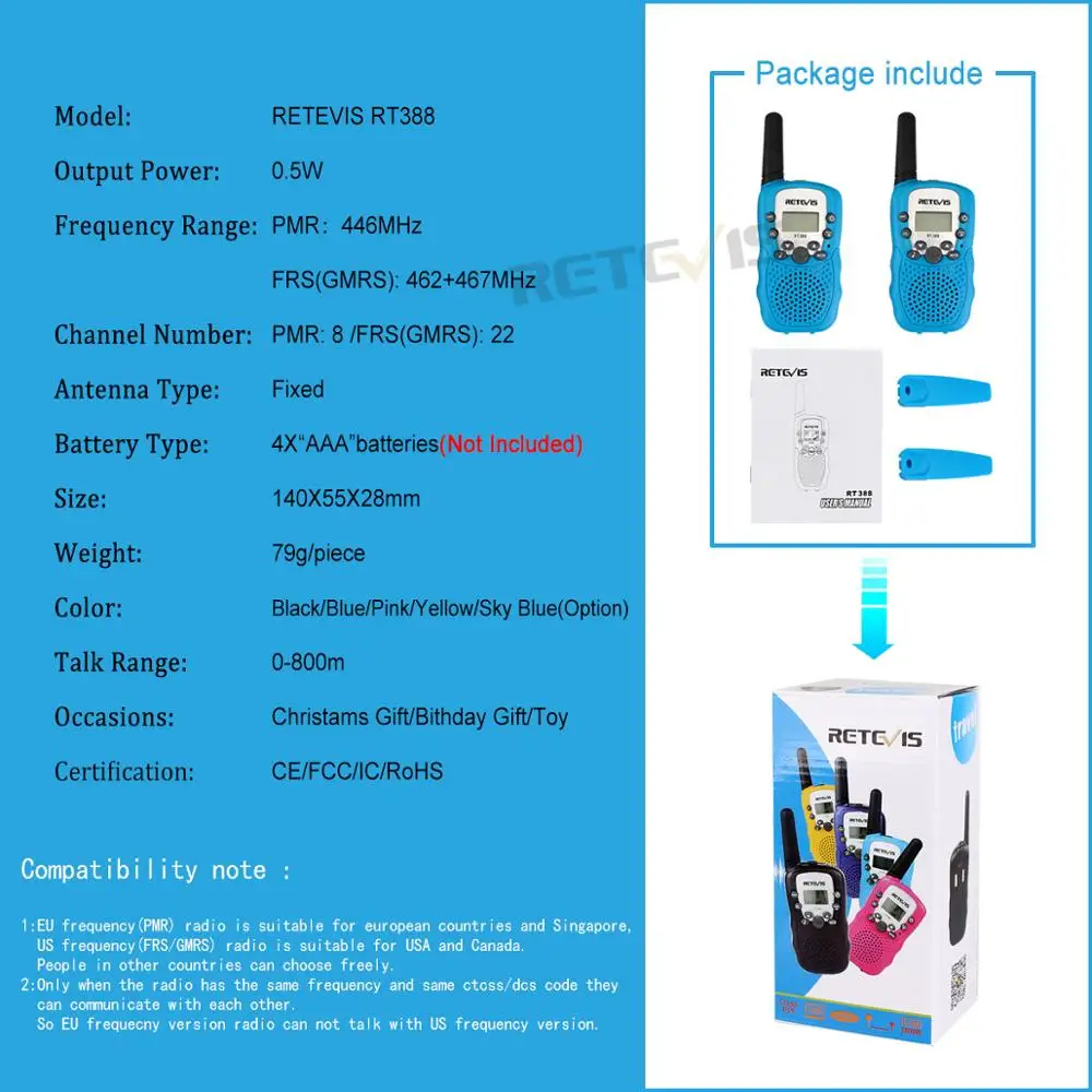 2 шт игрушка Walkie Talkie детская радиостанция Retevis RT388 0,5 Вт PMR PMR446 двухсторонний радио фонарик коммуникатор Рождественский подарок