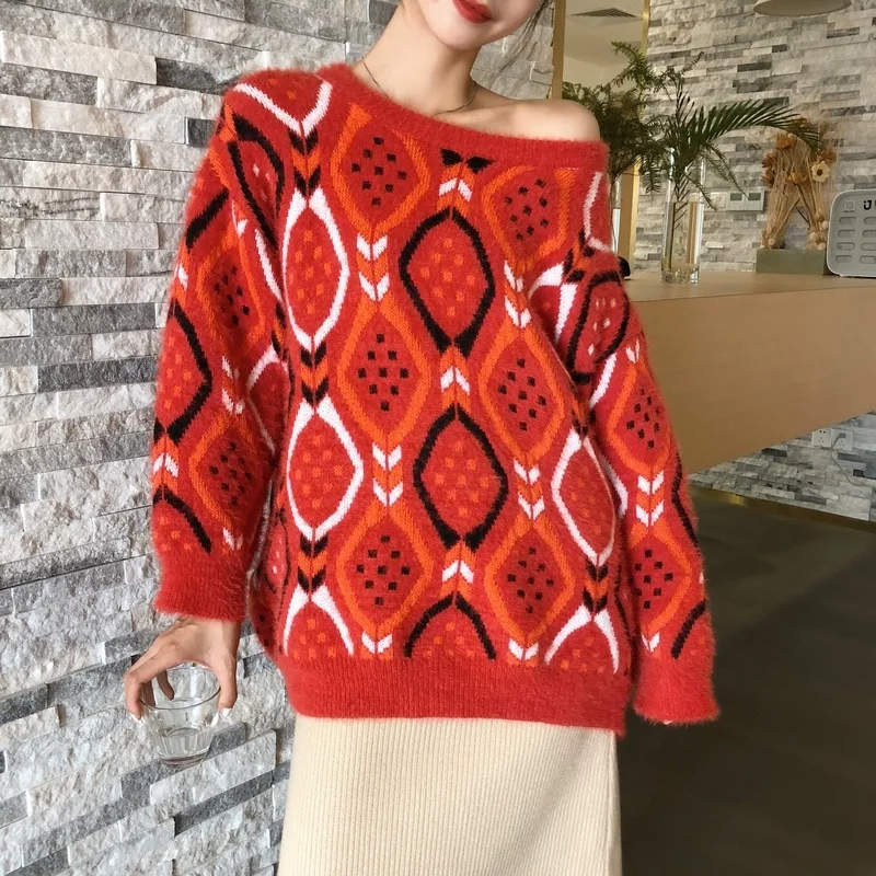 orange [EWQ милые женские туфли с круглым вырезом с узором "ромбиками" с рукавами «летучая мышь» пуловеры вязаное платье с открытыми плечами большой размер женские шерстяной топ осень г. зимний свитер QK57200 - Цвет: orange