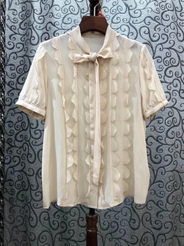 

2020 Spring and Summer New Women's Neckline Butterfly Decorative Ribbon Irregular Stitching Short-Sleeved Solid Color Shirt 604