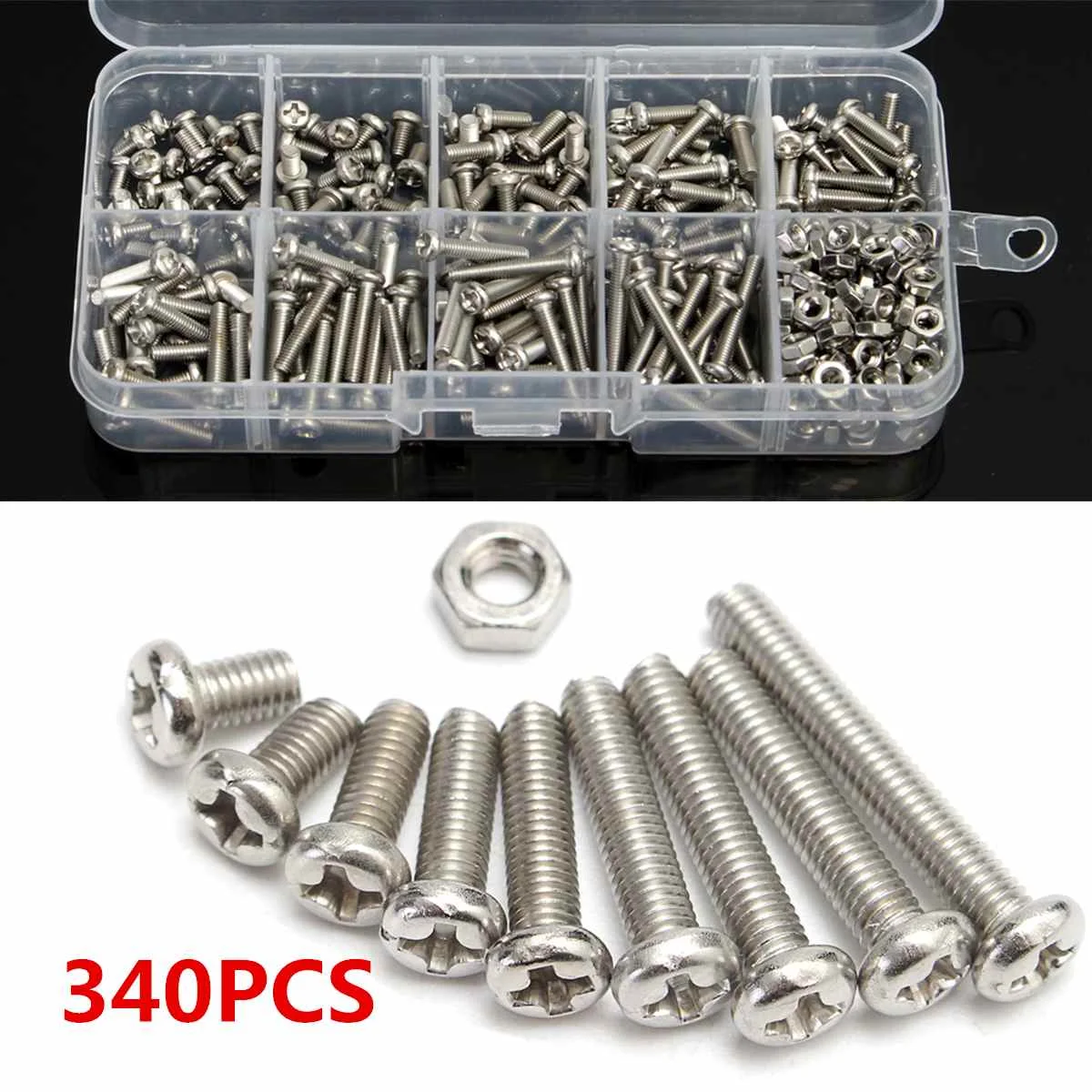 340pcs/Box M3 304 Stainless Steel Cross-headSet Screw Bolts Nut Cap Head Screw Set Fastener Assortment Kit Repair Tools Set