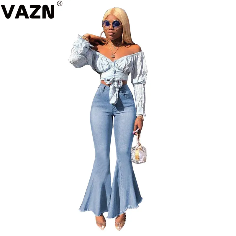light blue VAZN MOF5088 шикарный продукт Осенние сексуальные женские синие длинные брюки средняя талия Кнопка летают расклешенные брюки сексуальные девушки обтягивающие джинсы новые брюки - Цвет: light blue
