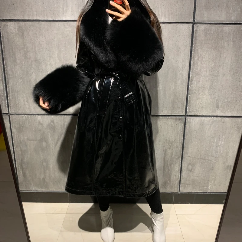 ladies leaher coat long women genuine leather windbreak