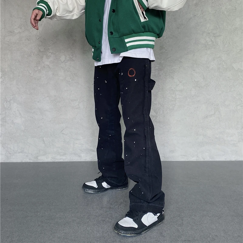 2023 Streetwear Graffiti Cargo Flared Jeans Khaki Black Splash Ink Wide Leg Denim Pant Hip Hop Cargo Trousers Jean Men