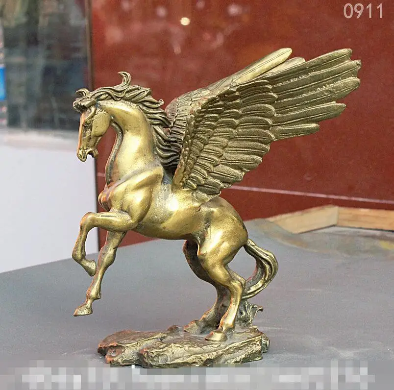 8.8” Exquisite Chinese Old Handwork Copper Carving Pegasus Wonderful Statue YR 