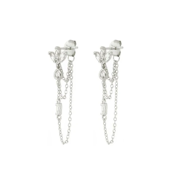 Fashion Tassel Chain Tear Drop CZ Romantic Women Earring Triple Row Cross Chain Multi Piercing Women Earrings drop earrings crystal earrings crystal tassel earrings cross earrings