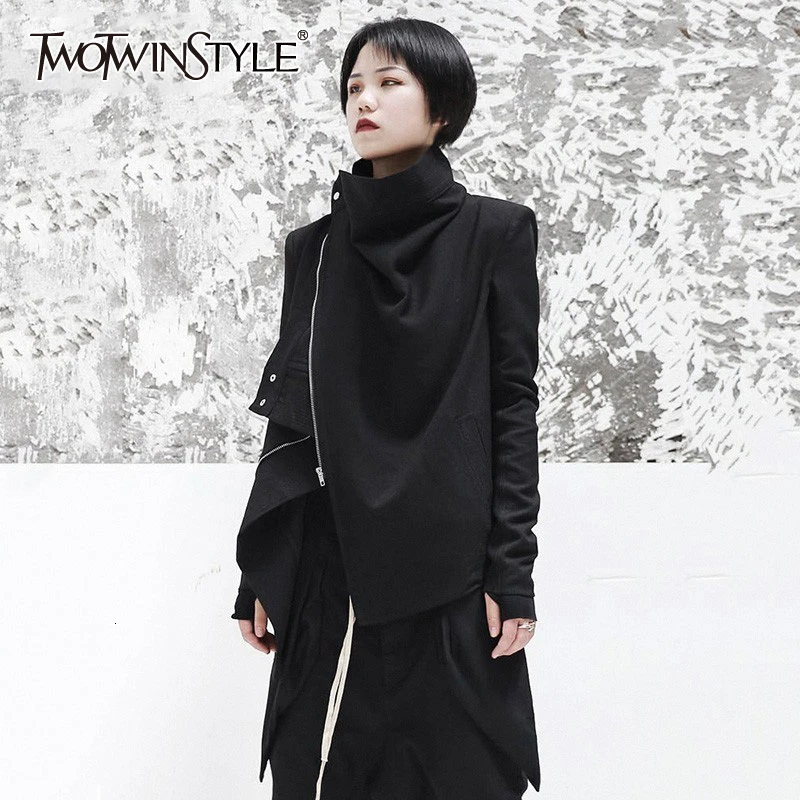 

TWOTWINSTYLE 2019 New Spring Stand Collar Long Sleeve Black Zipper Split Joint Irregular Jacket Women Coat Fashion Tide Clothing