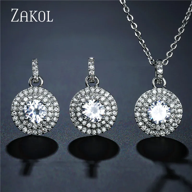 White ZAKOL High Quality Cubic Zirconia Round Stud Earrings Pendant Necklace Set Bridal Jewelry for Women Anniversary Gift FSSP3030 - Окраска металла: White