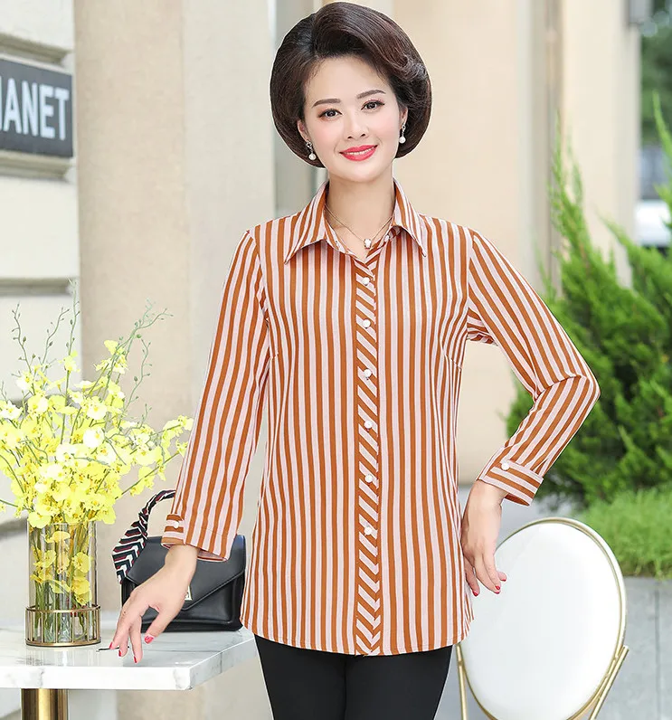 Long Sleeves Shirt Women 2021 New Spring Autumn Stripe Blouses Middle Age Mother Tops |