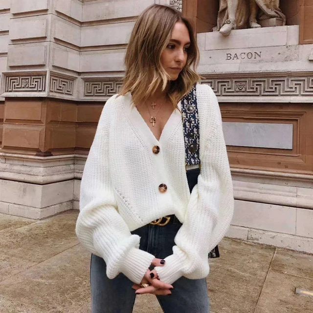Zoki damskie kardigany z dzianiny sweter moda jesień z długim rękawem luźny płaszcz Casual Button gruby V Neck jednolity, damski topy 2021 5