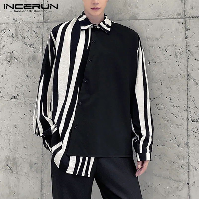 Shirts Long-Sleeve Streetwear Patchwork INCERUN Striped Casual Fashion S-5XL Brand Regular