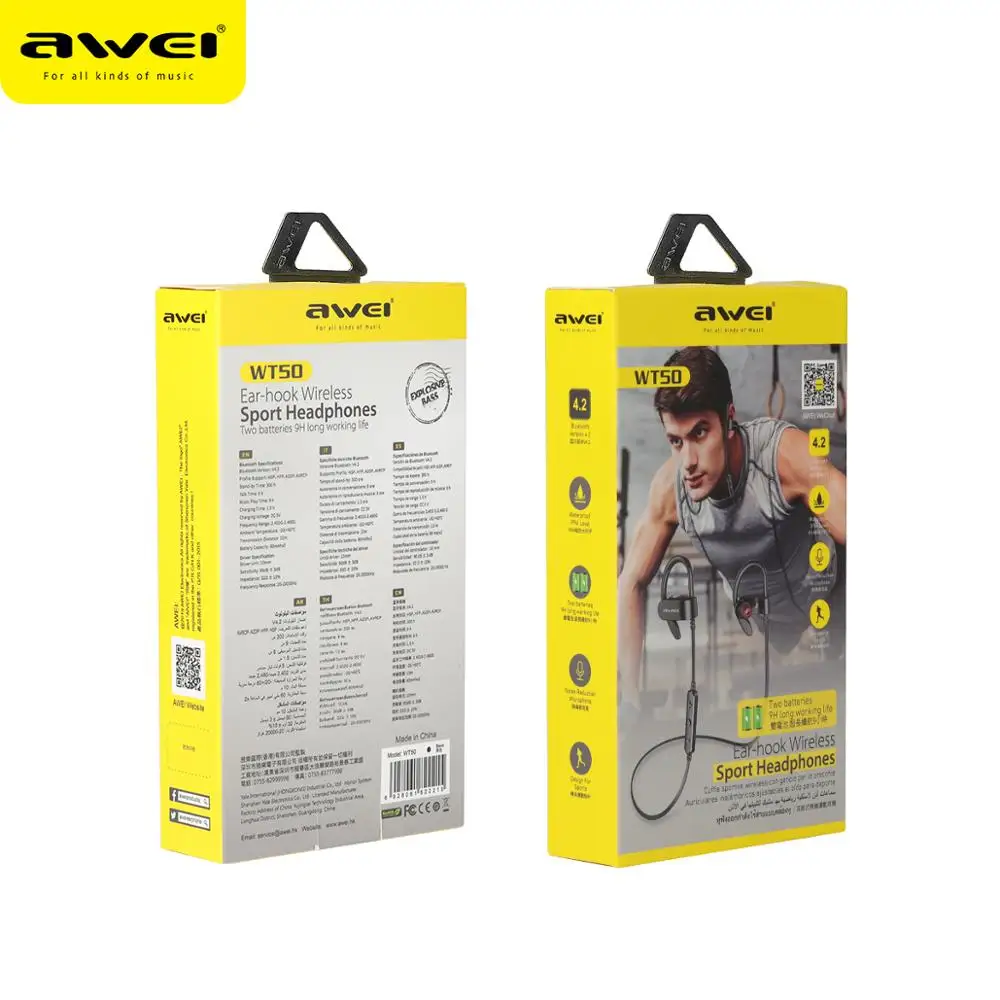 Спортивные Беспроводные Наушники AWEI WT50 Bluetooth двойная мощность!