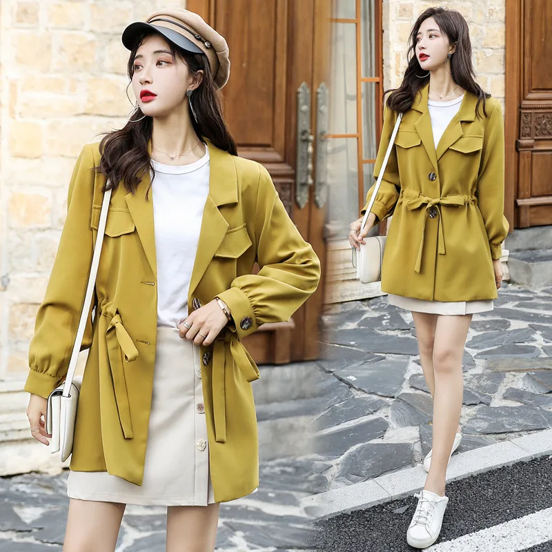 

2019 Autumn New Style Korean-style Trench Coat Waist Hugging Slimming Lace-up Suit Women's Loose-Fit Fashion Elegant Middle Long