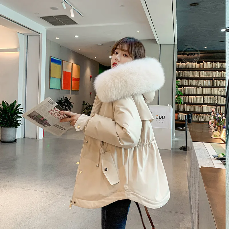 

Lingwave down cotton coat women's short winter loose plus fleece liner hooded Big fur collar women's casual Parker jacket